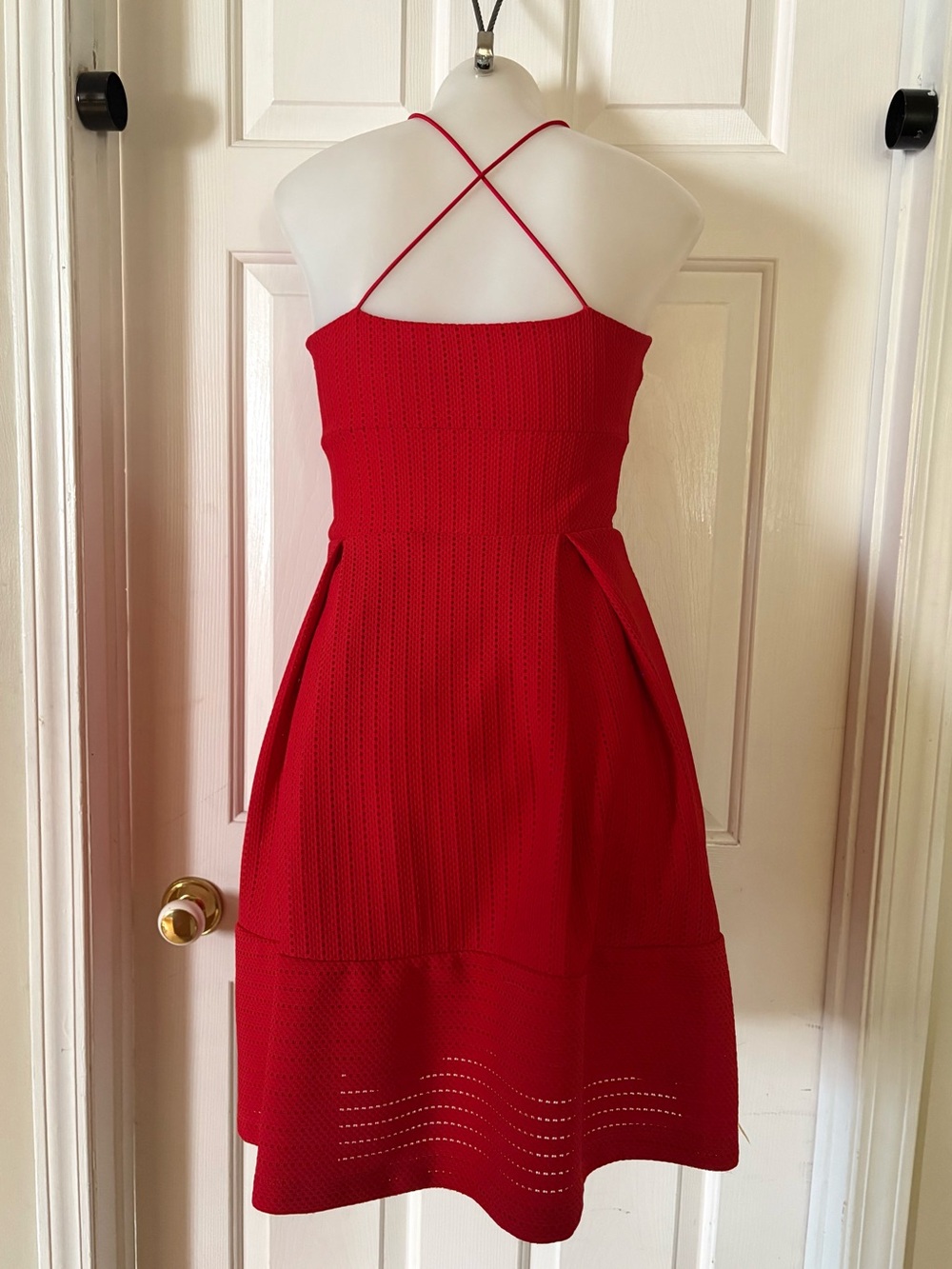 TWIK Simons Red Ribbed Halter Skater Dress Pleated Cutout Hem Sz XS - Picture 6 of 13